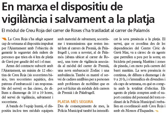 Notícia publicada al periòdic municipal de l'Ajuntament de Gavà (El Bruguers) sobre el dispositiu de vigilància i salvament a la platja de Gavà Mar durant l'estiu del 2008 (18 de Juny de 2008)
